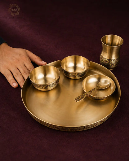 Antique Brass 6-Piece Thali Set with Engraved Design