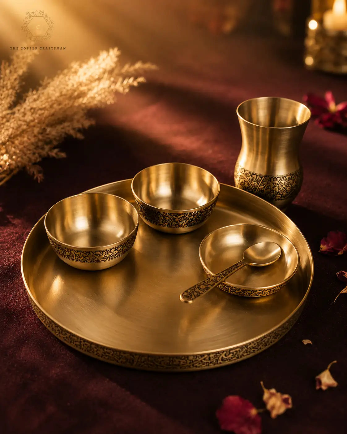 Antique Brass 6-Piece Thali Set with Engraved Design