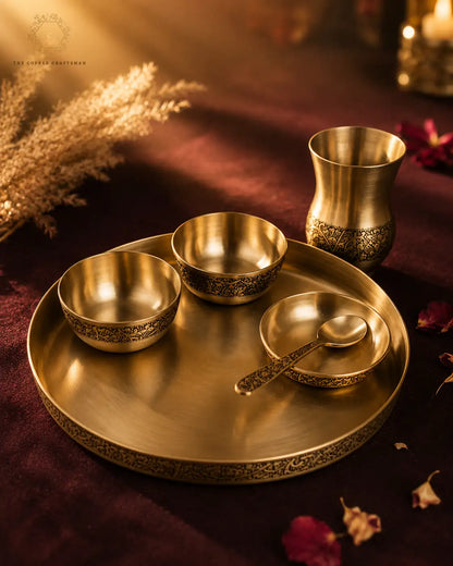 Antique Brass 6-Piece Thali Set with Engraved Design