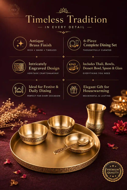 Antique Brass 6-Piece Thali Set with Engraved Design