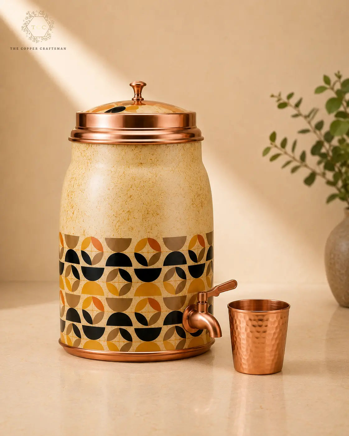 8 Litre Ceramic Water Dispenser with Copper Tap – Geometric Pattern