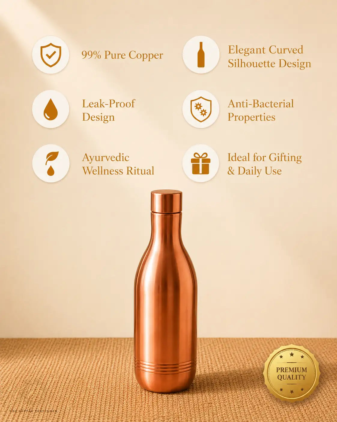 99% Pure Copper Water Bottle – Elegant Curved Design, 950 ML