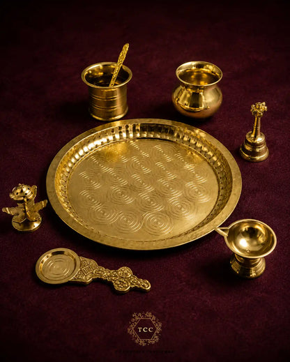 Premium Brass Pooja Thali Set — 8-Piece Complete Puja Set with Diya Stand, Kalash & Bell