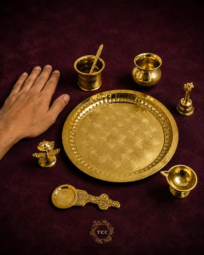Premium Brass Pooja Thali Set — 8-Piece Complete Puja Set with Diya Stand, Kalash & Bell