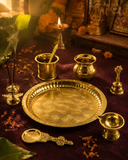 Premium Brass Pooja Thali Set — 8-Piece Complete Puja Set with Diya Stand, Kalash & Bell