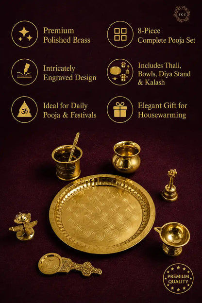 Premium Brass Pooja Thali Set — 8-Piece Complete Puja Set with Diya Stand, Kalash & Bell