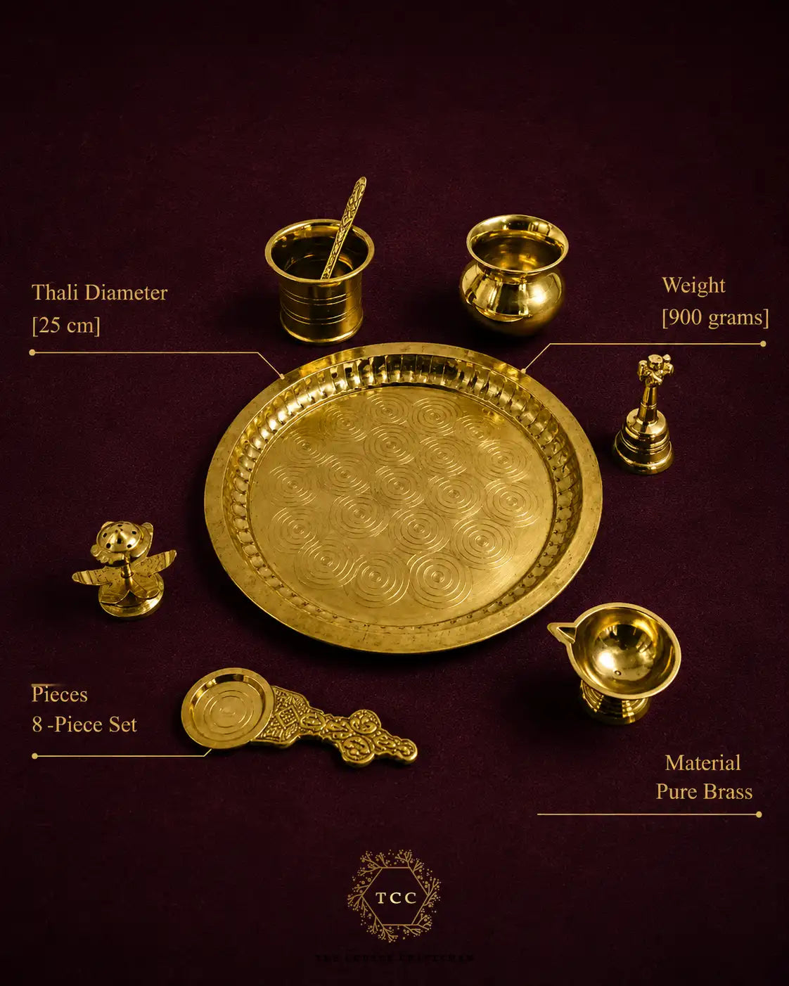 Premium Brass Pooja Thali Set — 8-Piece Complete Puja Set with Diya Stand, Kalash & Bell