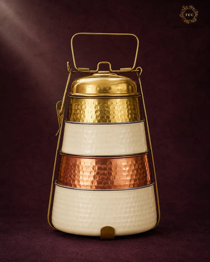 Handcrafted Enamel, Copper & Brass Tiffin Carrier – 3-Tier Traditional Lunch Box