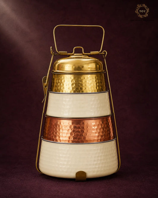 Handcrafted Enamel, Copper & Brass Tiffin Carrier – 3-Tier Traditional Lunch Box