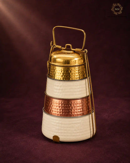 Handcrafted Enamel, Copper & Brass Tiffin Carrier – 3-Tier Traditional Lunch Box