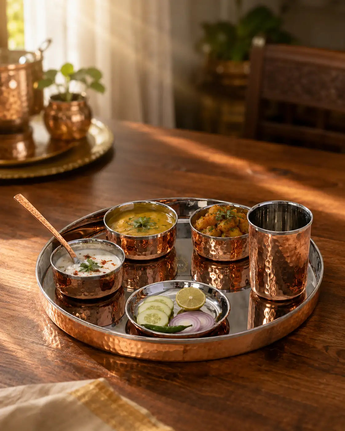 A hammered copper Indian thali set on a wooden table, featuring a round tray with five small bowls of food, a spoon, and a copper cup, with warm sunlight casting shadows.
