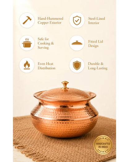 A hammered copper lidded pot with a small knob, displayed on a burlap surface against a warm beige background. Six feature callouts surround the pot, including hand-hammered copper exterior, steel-lined interior, safe for cooking and serving, fitted lid design, even heat distribution, and durable long-lasting.