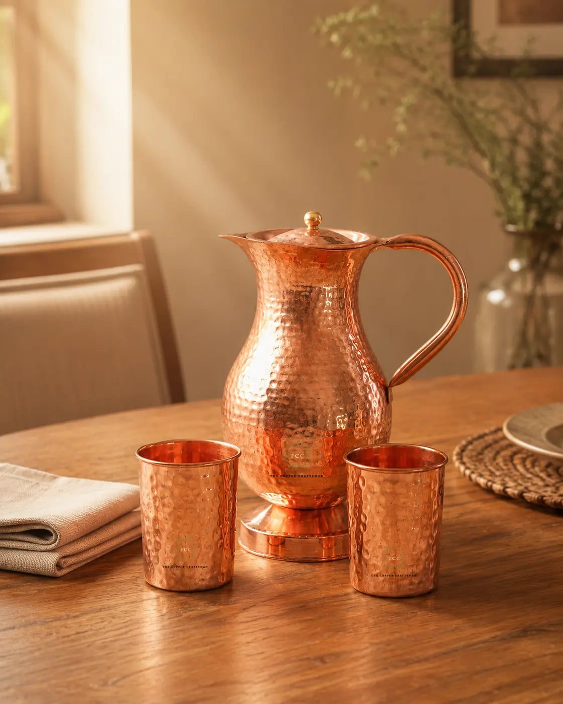 A hammered copper water pitcher with a matching lid and two small copper cups, arranged on a wooden dining table in a warm, sunlit room.