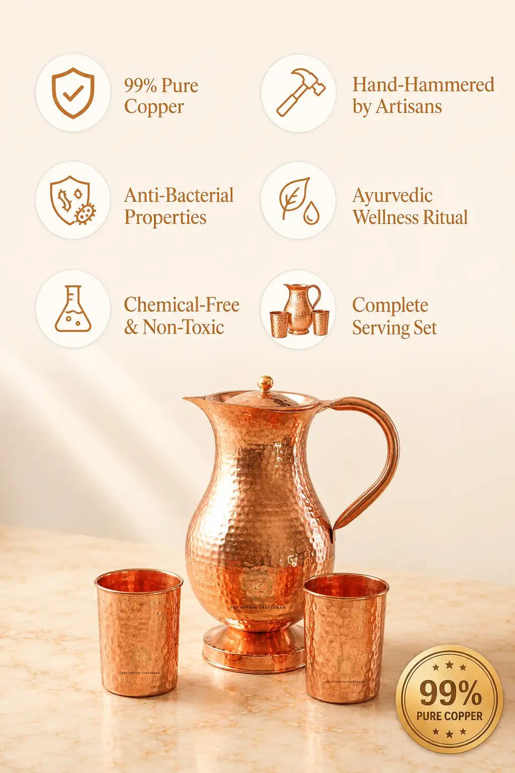 A hammered copper pitcher with two matching copper cups on a light beige surface, surrounded by feature callouts and icons including '99% Pure Copper,' 'Hand-Hammered by Artisans,' 'Anti-Bacterial Properties,' 'Ayurvedic Wellness Ritual,' 'Chemical-Free & Non-Toxic,' and 'Complete Serving Set.' A gold seal reading '99% Pure Copper' appears in the lower right.