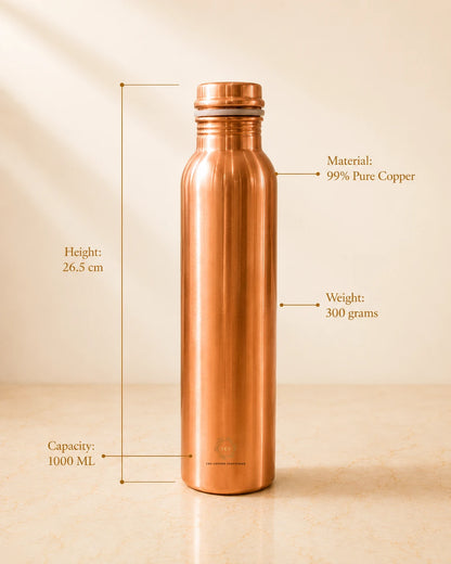 Classic Pure Copper Water Bottle – 1 Litre | 99% Pure Copper | Leak-Proof | BPA-Free | Handcrafted | Made in India| The Copper Craftsman
