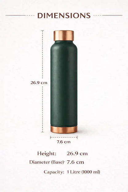 Green water bottle with copper cap and measurements on a white background