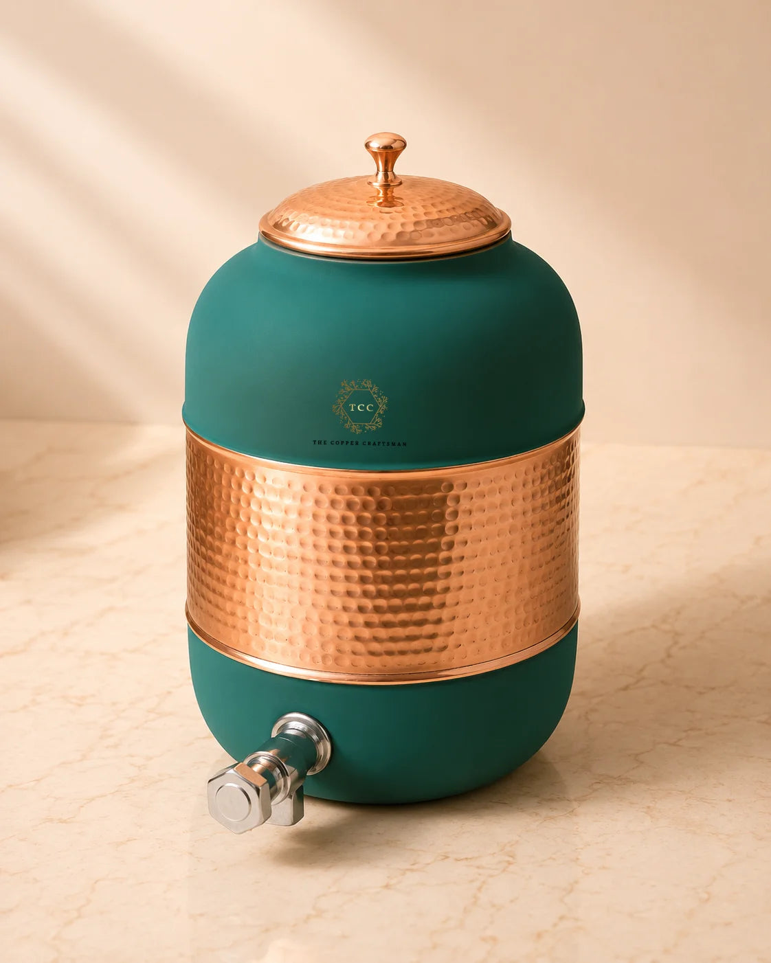 99% Pure Copper Hammered Water Dispenser with Tap – 8 Litre | Handcrafted | Ayurvedic Water Storage| The Copper Craftsman