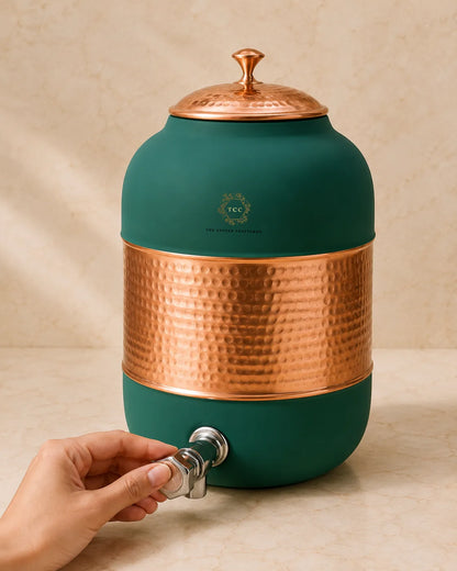 99% Pure Copper Hammered Water Dispenser with Tap – 8 Litre | Handcrafted | Ayurvedic Water Storage| The Copper Craftsman