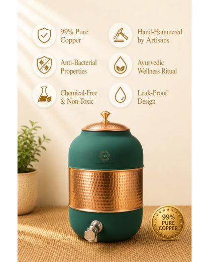 99% Pure Copper Hammered Water Dispenser with Tap – 8 Litre | Handcrafted | Ayurvedic Water Storage| The Copper Craftsman