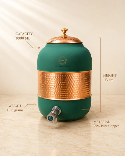 99% Pure Copper Hammered Water Dispenser with Tap – 8 Litre | Handcrafted | Ayurvedic Water Storage| The Copper Craftsman