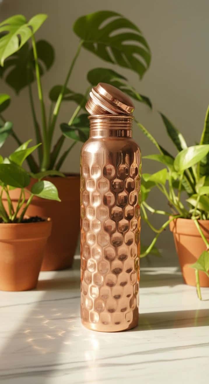 Copper water bottle with textured design on a surface with plants in the background