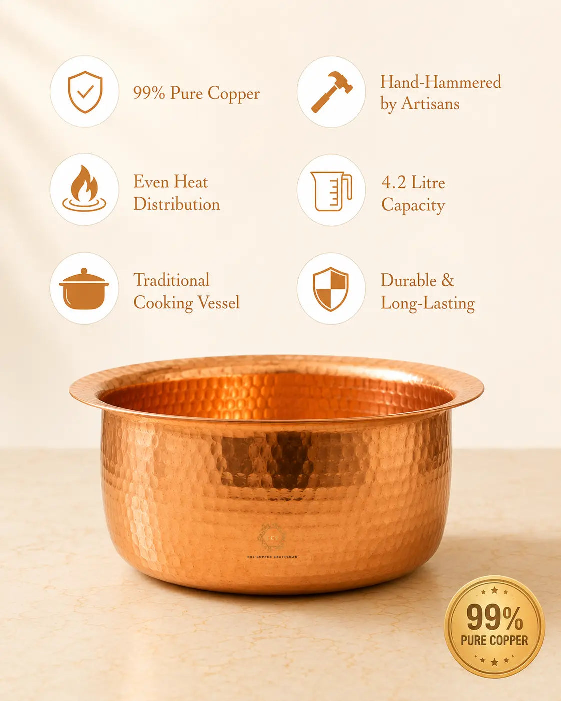 A hammered copper cooking pot on a light beige surface with feature callout icons and text above it, including '99% Pure Copper,' 'Hand-Hammered by Artisans,' 'Even Heat Distribution,' '4.2 Litre Capacity,' 'Traditional Cooking Vessel,' and 'Durable & Long-Lasting.