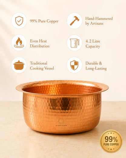 A hammered copper cooking pot on a light beige surface with feature callout icons and text above it, including '99% Pure Copper,' 'Hand-Hammered by Artisans,' 'Even Heat Distribution,' '4.2 Litre Capacity,' 'Traditional Cooking Vessel,' and 'Durable & Long-Lasting.