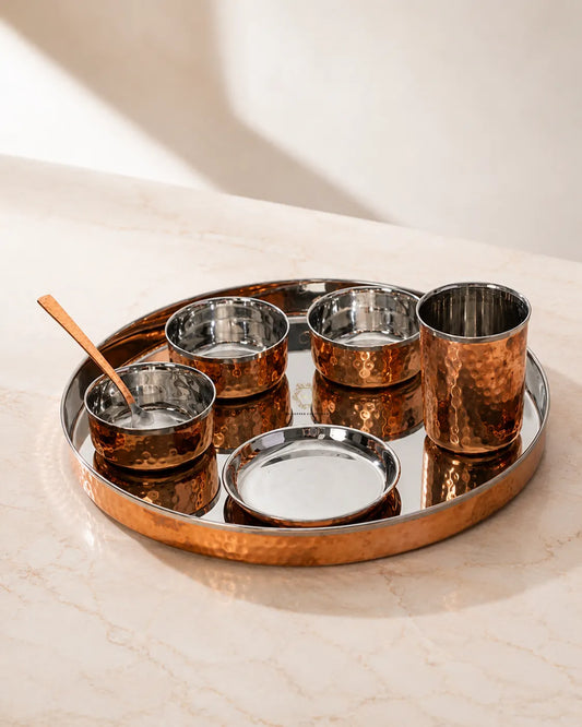 Hammered Copper Dinner Thali Set with Stainless Steel Interior – 7 Piece Traditional Dining Set | The Copper Craftsman