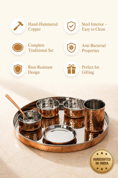 Hammered Copper Dinner Thali Set with Steel Interior – 7 Piece