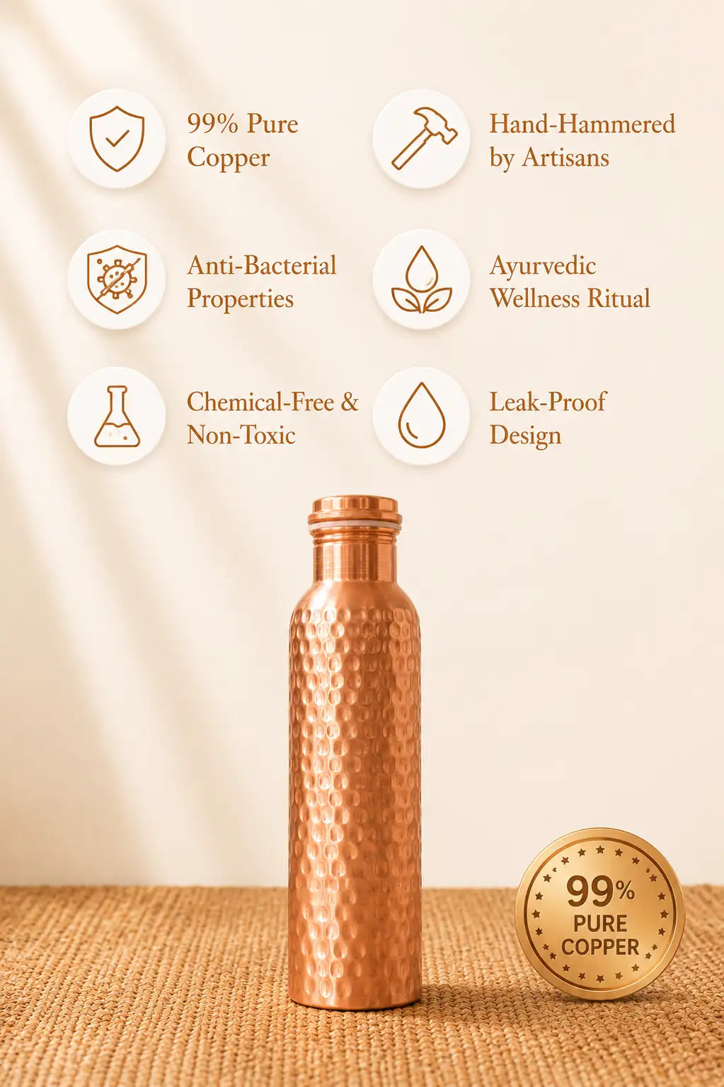Hand-Hammered Pure Copper Water Bottle – 99% Pure Copper | The Copper Craftsman