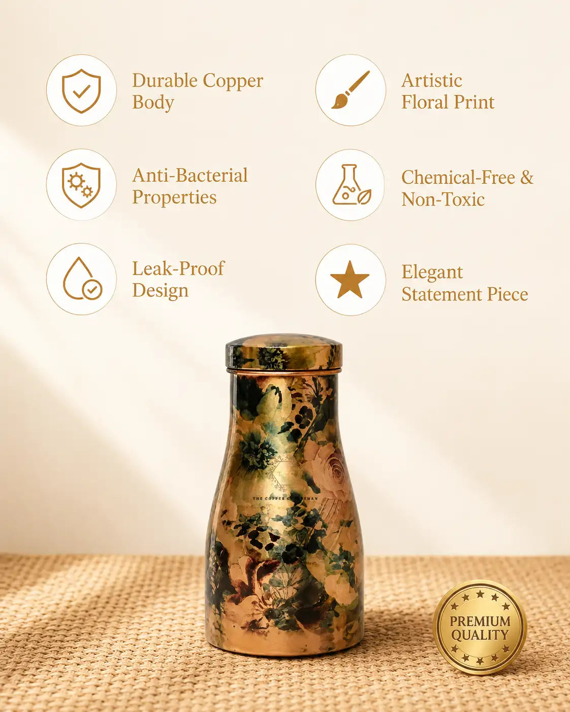 A Hand-painted floral pure copper water jar 1.5 litre with a floral and bird print, shown on a woven surface with feature callouts and a premium badge. Text highlights durable copper body, artistic floral print, anti-bacterial properties, leak-proof design, and chemical-free non-toxic quality.