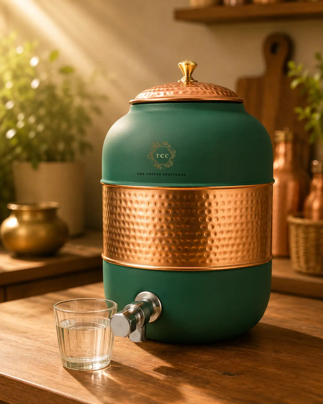 A teal and copper water dispenser with a hammered metal band and lid, shown on a wooden table with a small glass of water in a warm, styled interior setting.