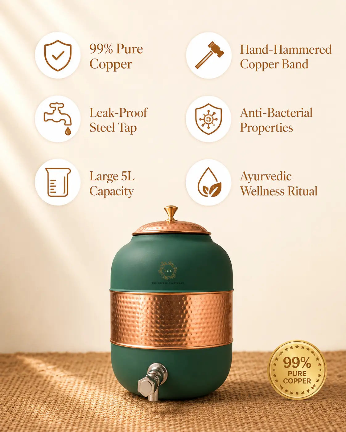 A 8L copper water dispenser with a dark green body, hammered copper band, and copper lid, displayed on a burlap surface with feature callouts and a gold 99% pure copper seal.