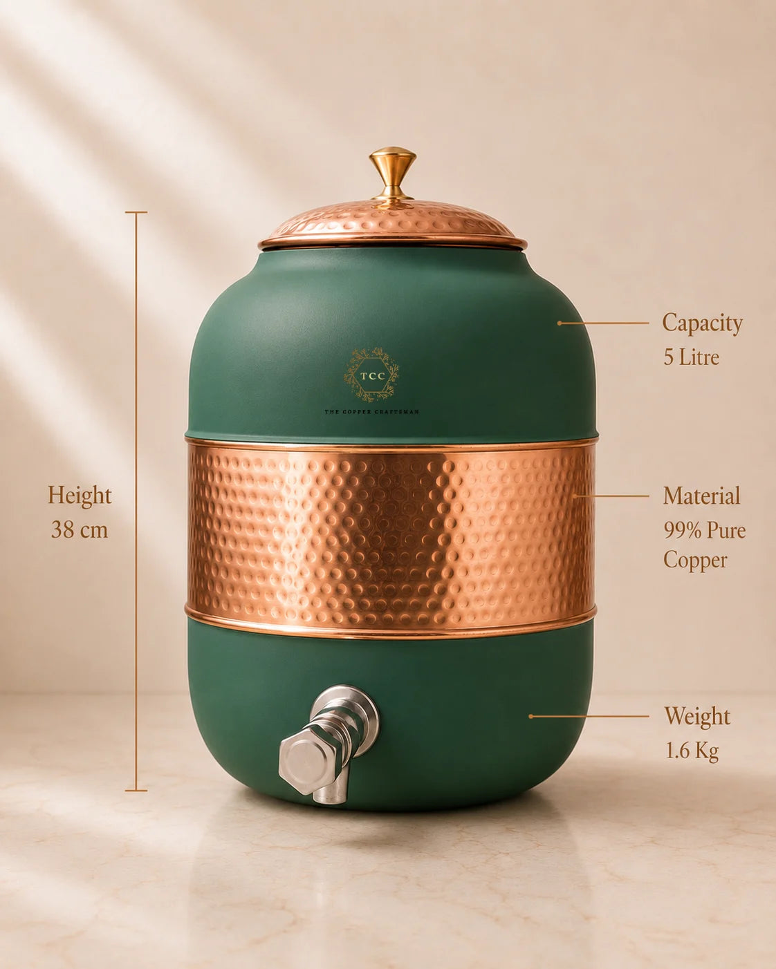 A 8-liter copper and green ceramic water dispenser with a spout, shown on a marble surface with measurement callouts indicating height, capacity, material, and weight.