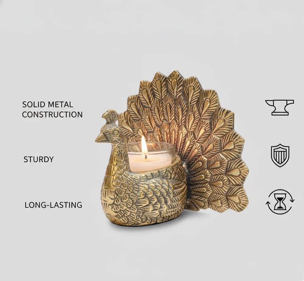 Decorative candle holder shaped like a peacock with solid metal construction, sturdiness, and long-lasting qualities on a light gray background.
