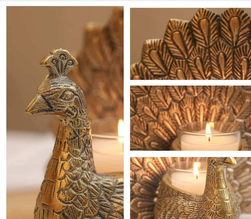 Bronze peacock-shaped candle holder with detailed design, surrounded by candles.