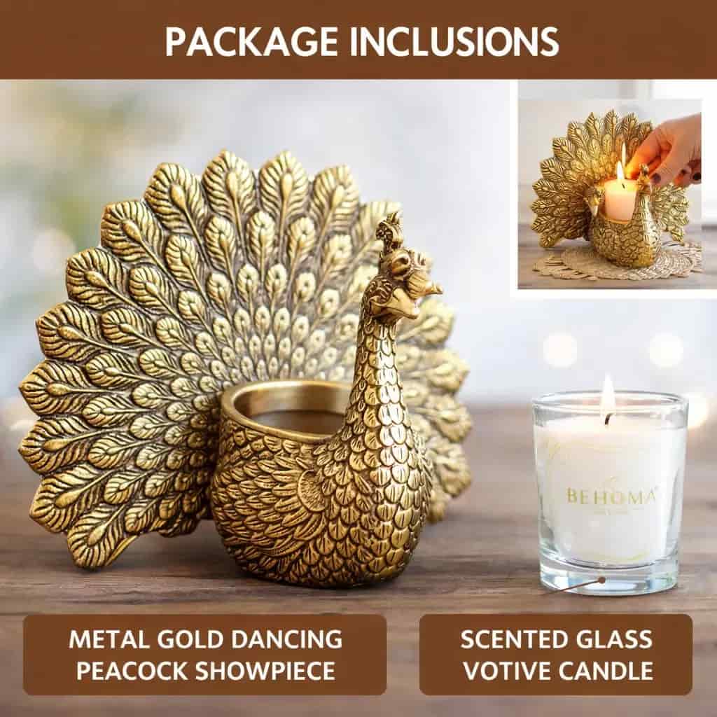 Gold peacock showpiece with a scented glass votive candle on a wooden surface.