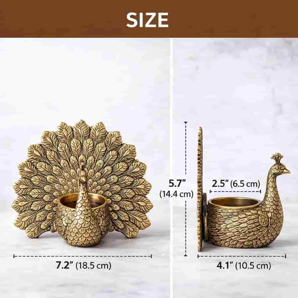 Gold peacock-shaped decorative item with measurements on a white background
