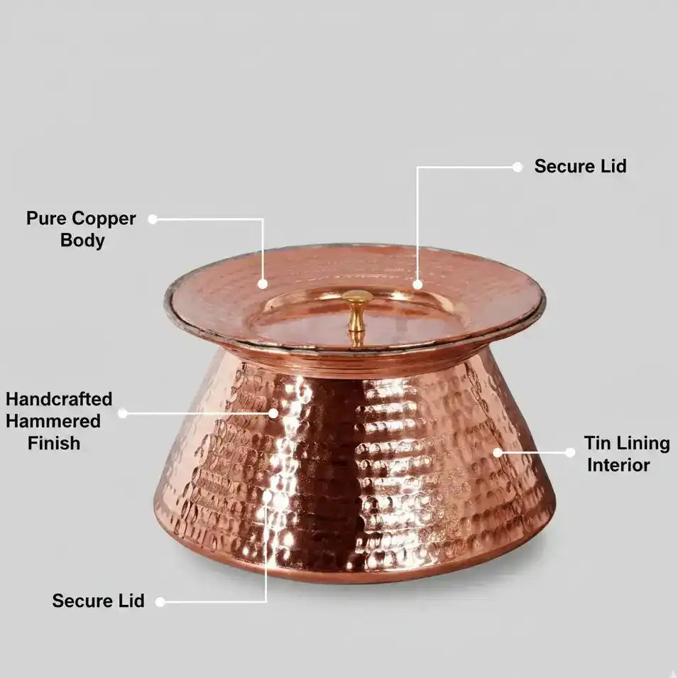 Copper container with labeled features on a gray background