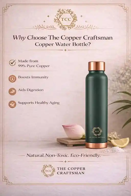 The copper craftsman Copper water bottle with features text on a light background