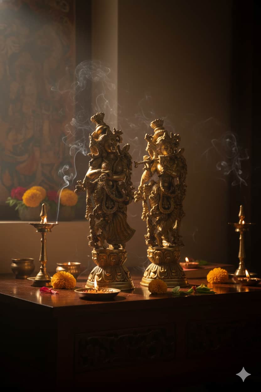 Two ornate statues on a table with candles and flowers in a dimly lit room.