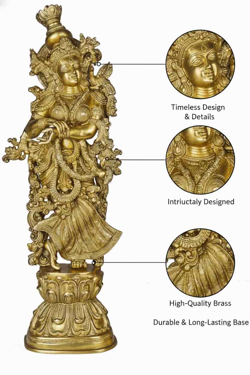 Radha Brass statue with detailed design, labeled features on a white background