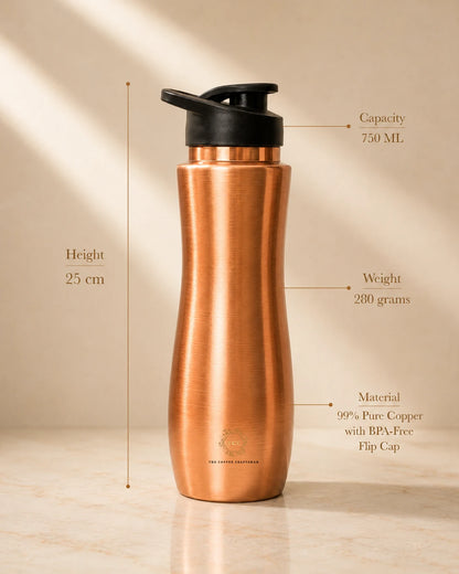 A copper water bottle with a black lid, shown on a beige surface with overlaid dimension labels for height, capacity, weight, and material.
