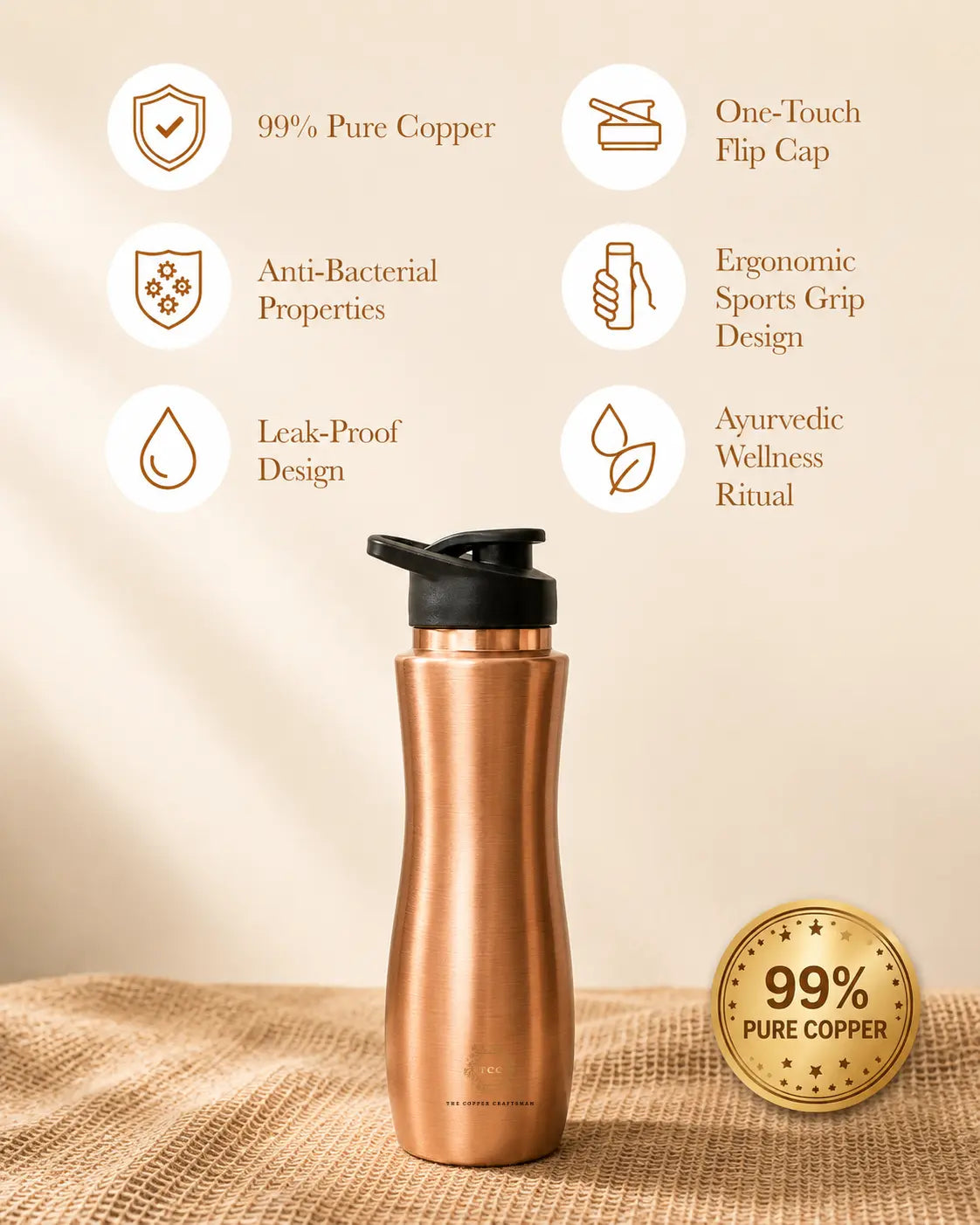 A copper water bottle with a black flip-top lid, displayed on a burlap surface with feature icons and text above it, including '99% Pure Copper', 'One-Touch Flip Cap', and 'Ergonomic Sports Grip Design'.