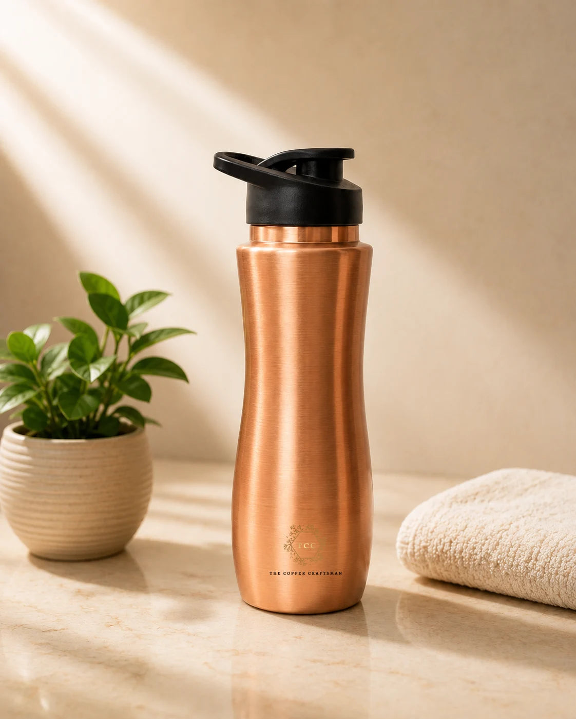 A copper water bottle with a black flip-top lid stands on a light stone surface, styled with a small potted plant on the left and a folded towel on the right in warm, sunlit tones.