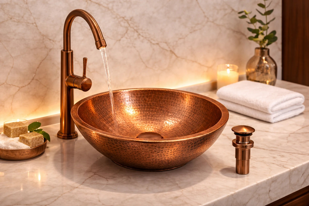Copper sink with faucet on a marble countertop with candles and towels.