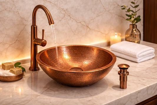 Copper sink with faucet on a marble countertop with candles and towels.
