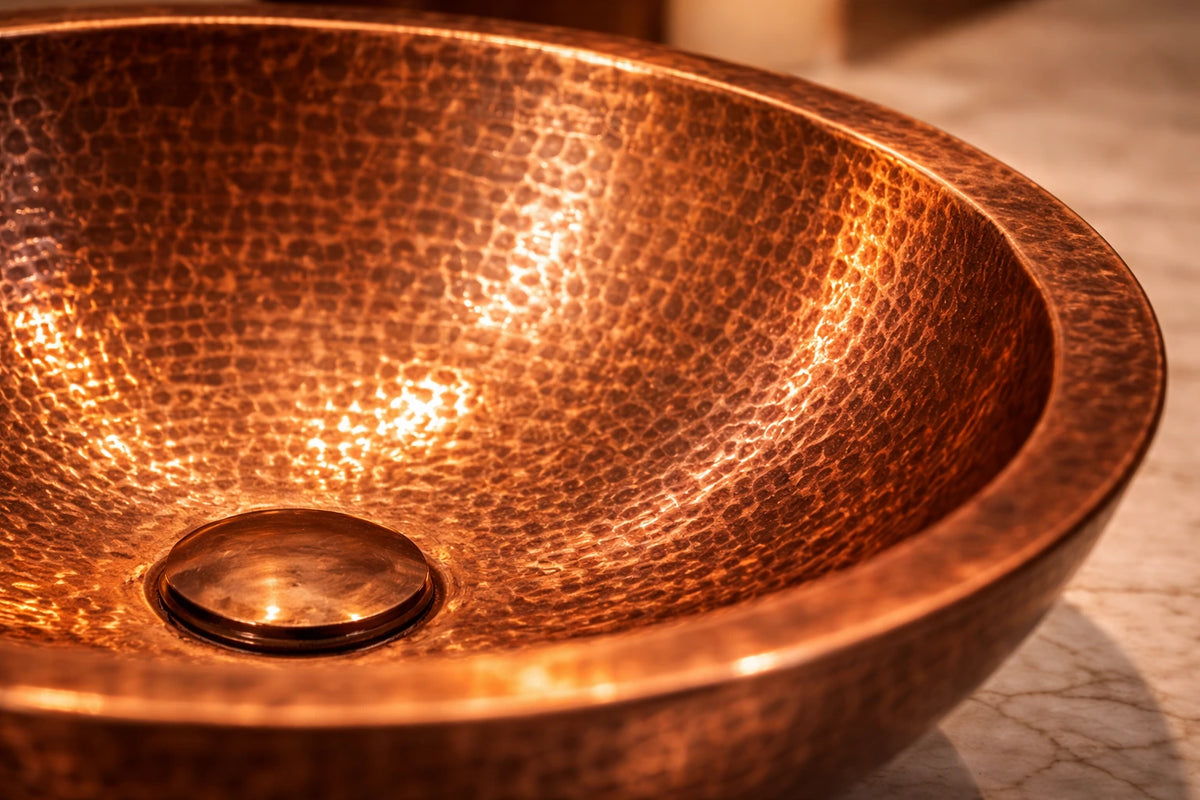 Close-up of a copper sink with a textured surface