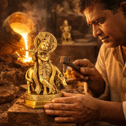 Man working on a gold statue with a hammer in a warm, dimly lit setting