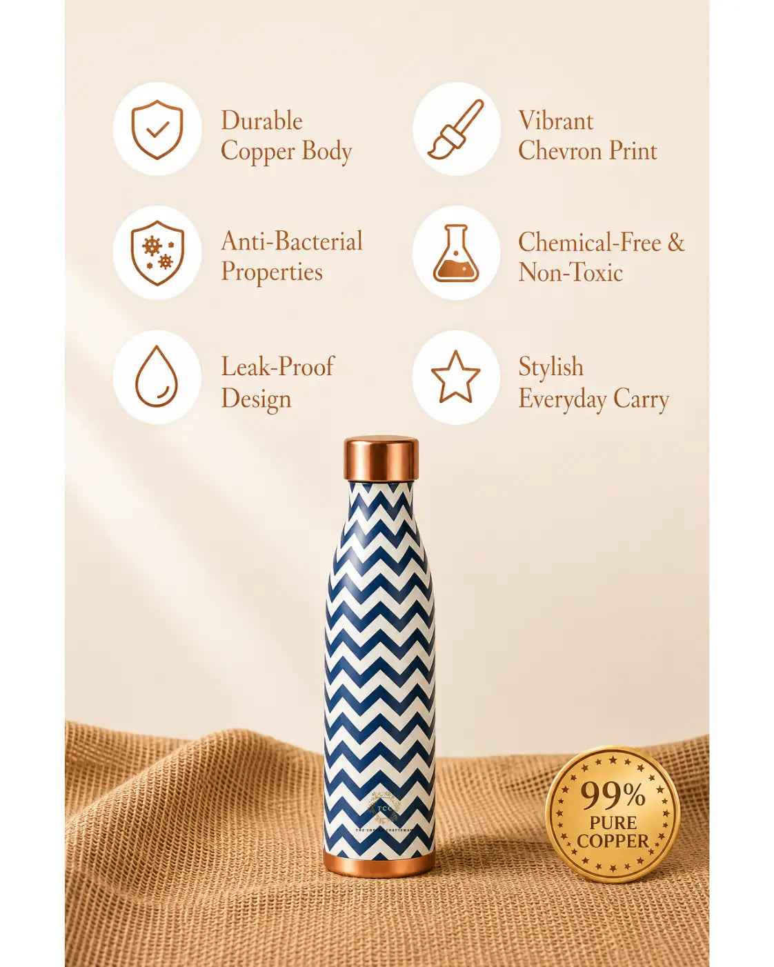 A blue and white chevron patterned insulated copper water bottle with a copper cap and base, displayed on a beige background with feature callouts and a gold '99% Pure Copper' badge.